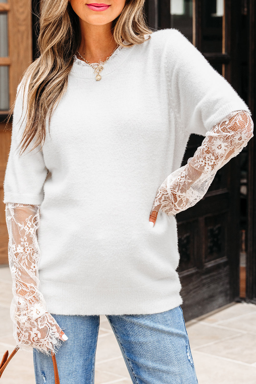 Lace Patchwork Sleeve Faux Two-Piece Fuzzy Sweater