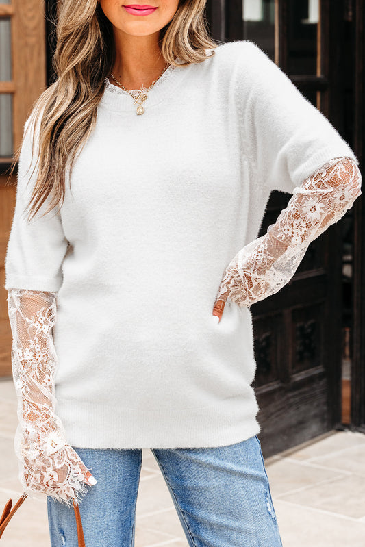 Lace Patchwork Sleeve Faux Two-Piece Fuzzy Sweater