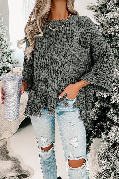 Distressed Pocketed Chunky Pullover Sweater