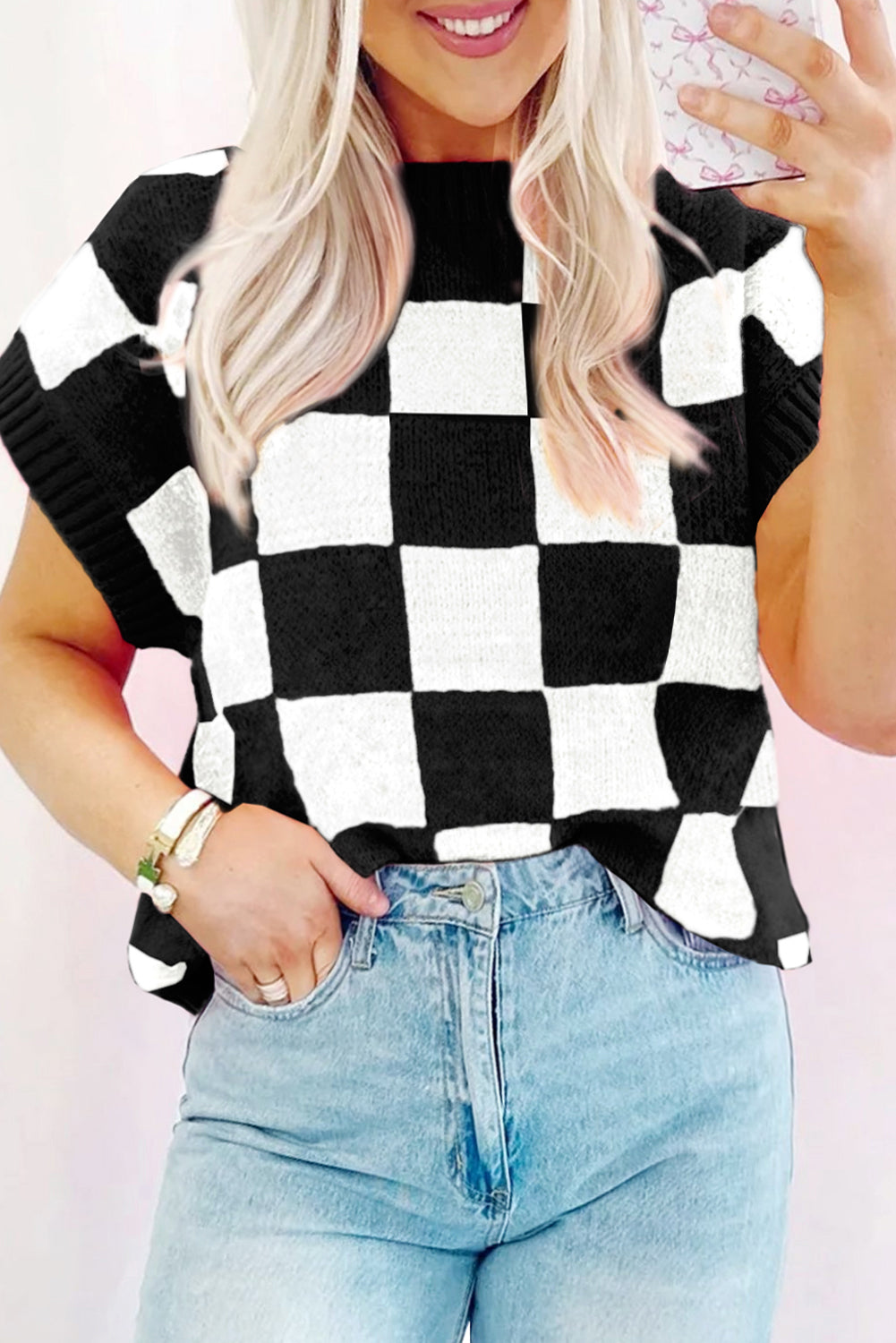 Colorblock Checker Ribbed Trim Top