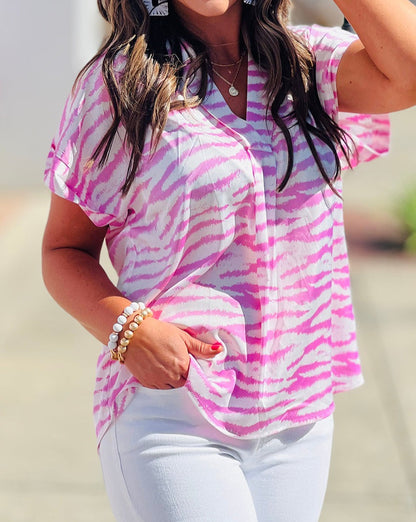 Zebra Short Sleeve V-Neck Blouse