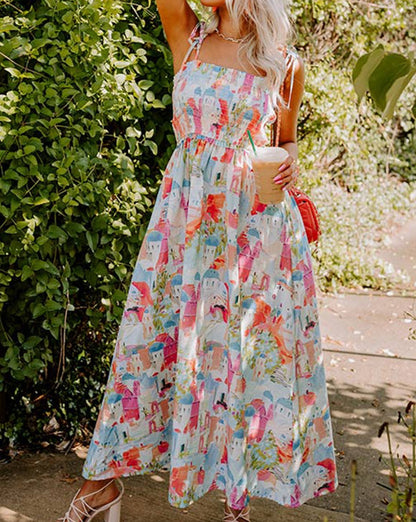 Abstract Smocked Flowy Maxi Sundress