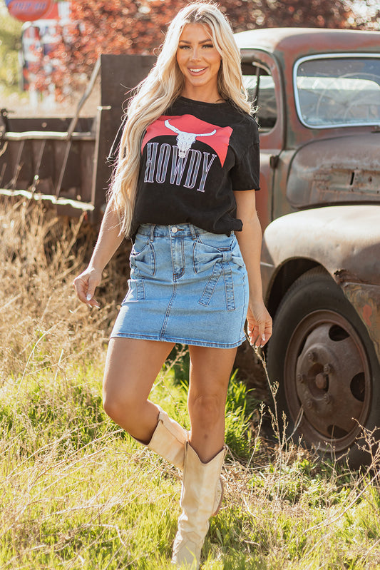 Acid Wash Denim Bow Pocket High Waist Skirt