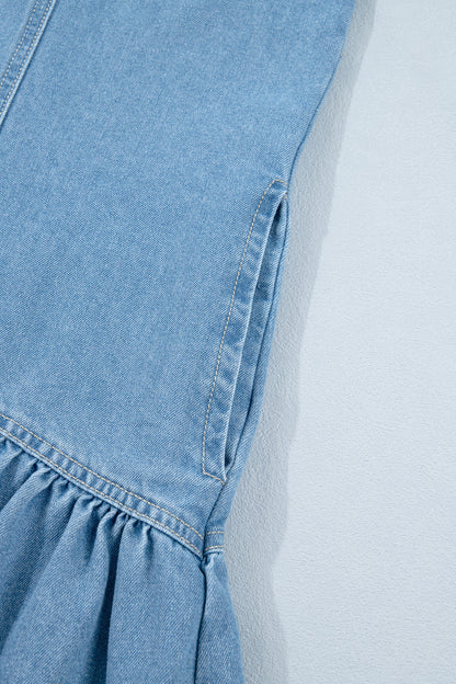 Denim Short Puff Sleeve Ruffle Hem Buttoned Dress