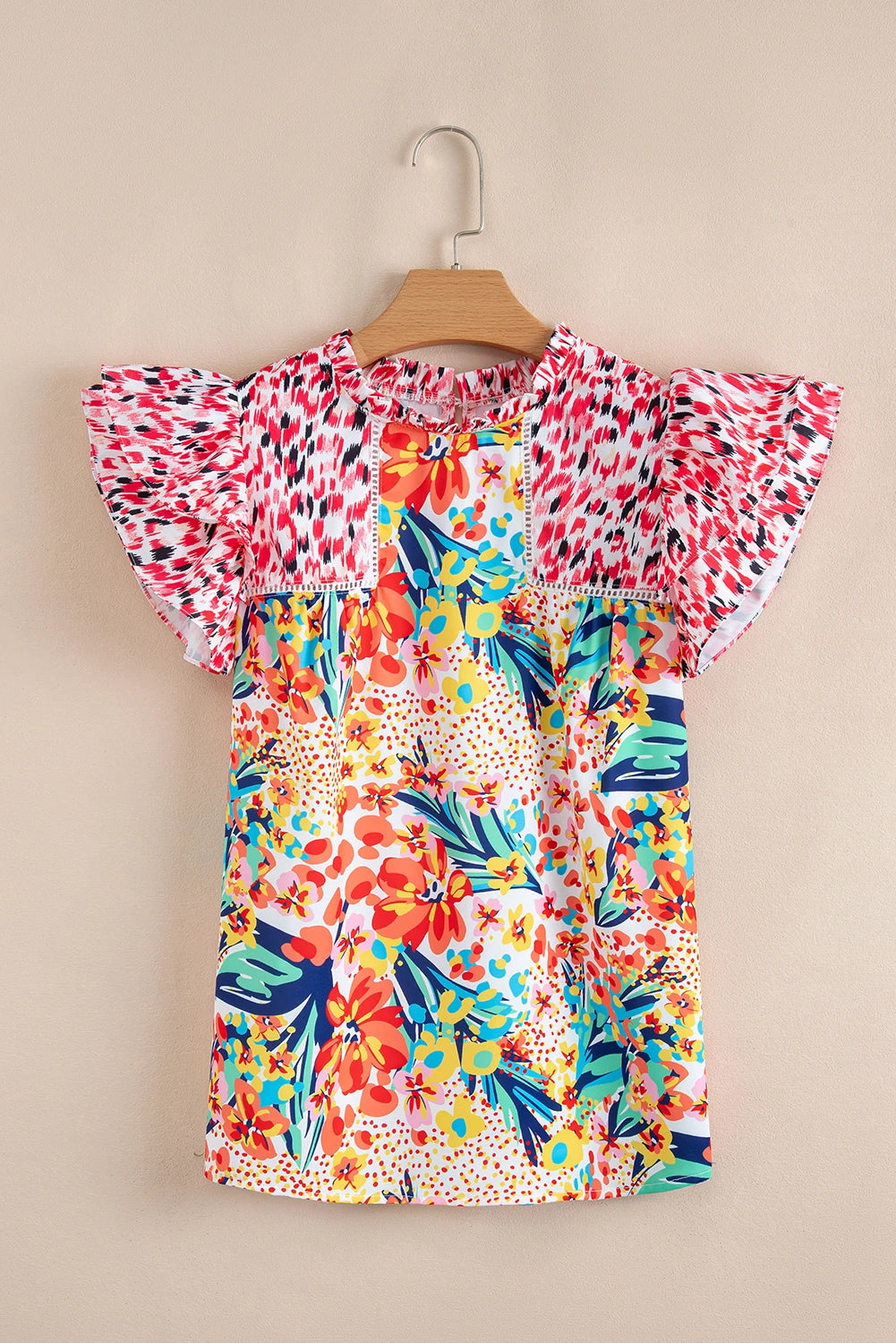 Floral Patchwork Ruffle Cap Sleeve Blouse