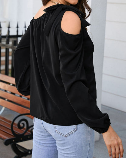 Bow Asymmetric Cold Shoulder Blouse