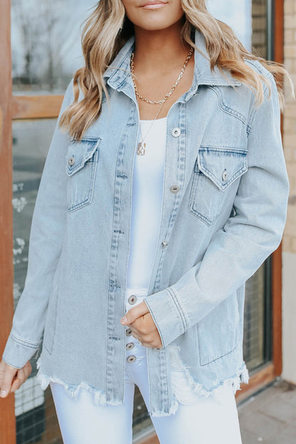 Denim Raw Hem Buttoned Jacket