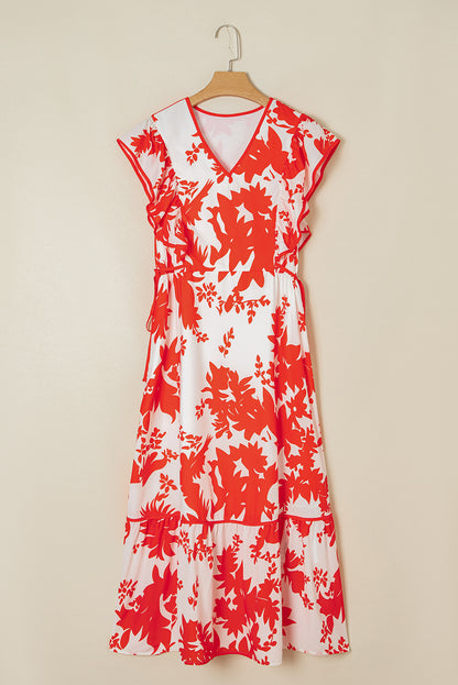 Floral Trim V-Neck Ruffle Sleeve Midi Dress