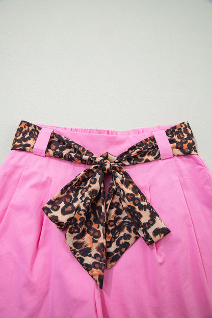 Leopard Contrast Belt Pleated Wide Leg Shorts