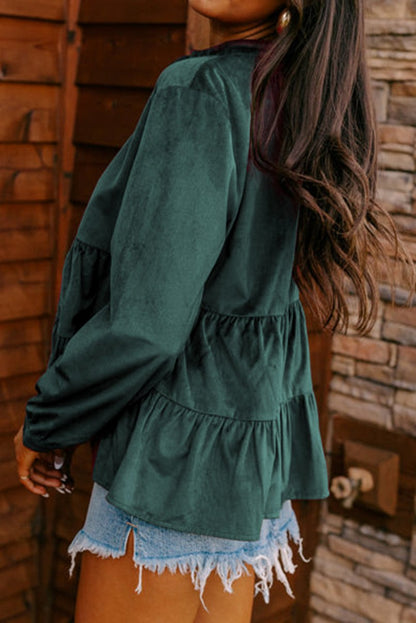 Corduroy Ruffle Tiered Buttoned Shirt