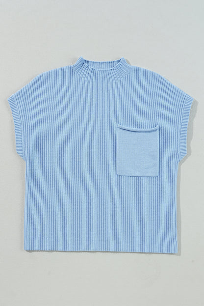 Ribbed Short Sleeve Pocketed Sweater