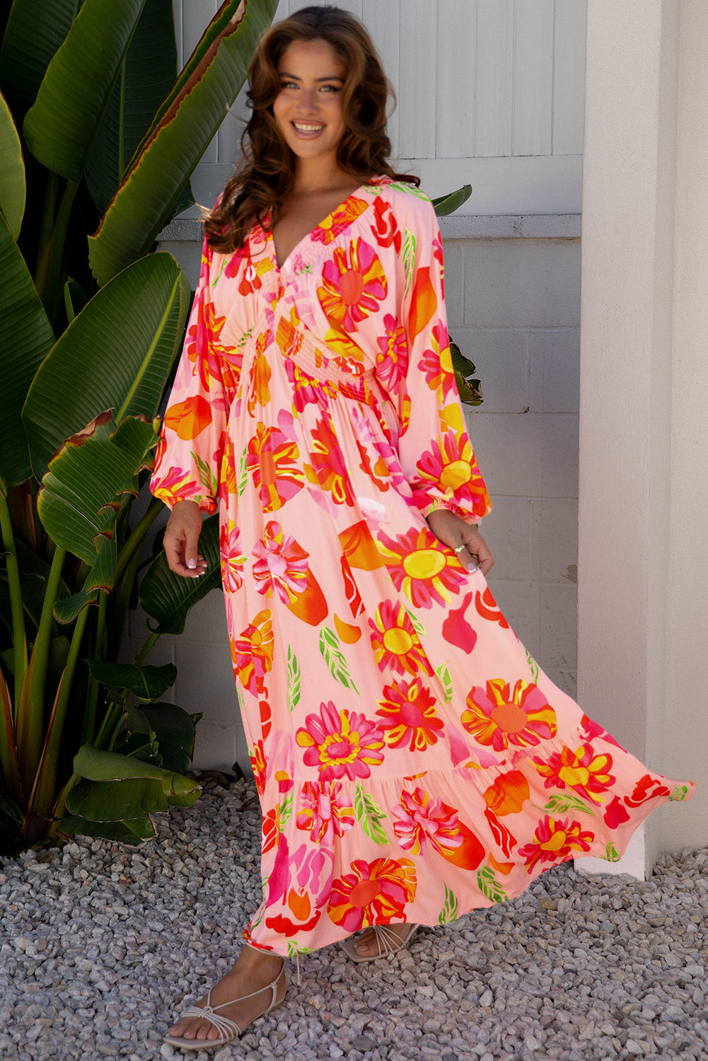 Floral V-Neck Puff Sleeve Maxi Dress