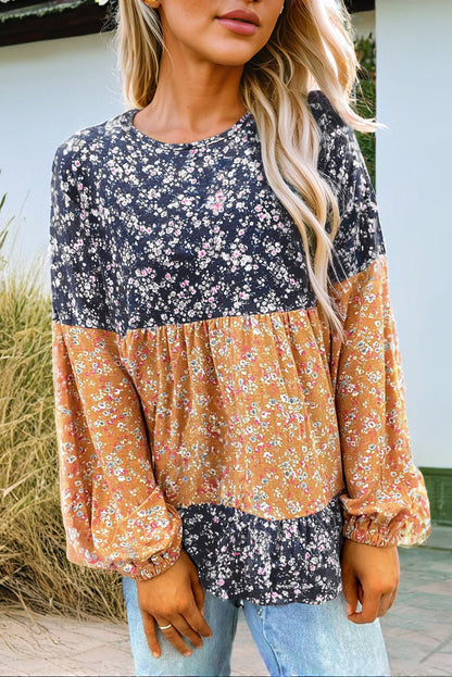 Floral Colorblock Ruffle Hem Blouse