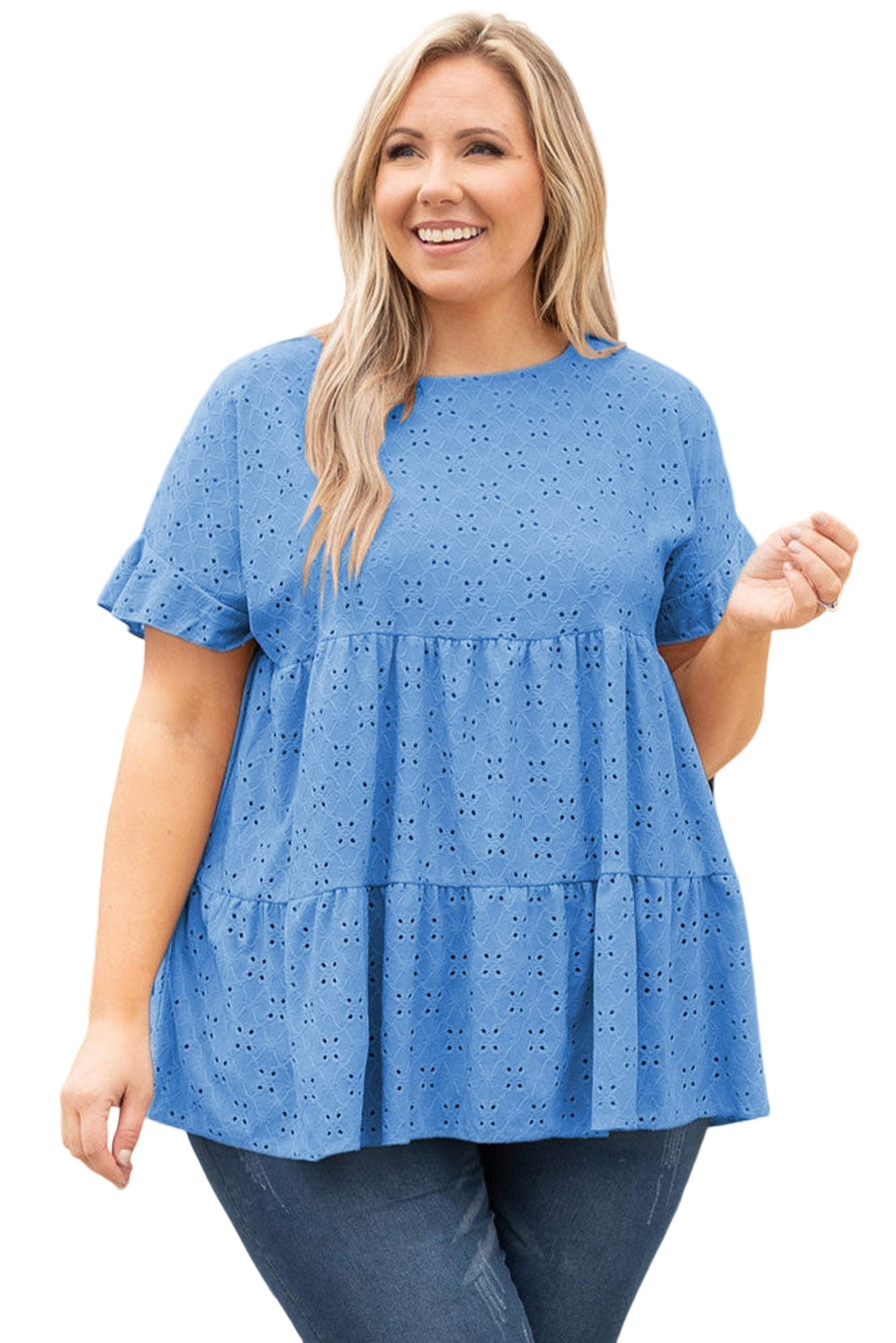 Eyelet Ruffle Sleeve Babydoll Top Plus Size