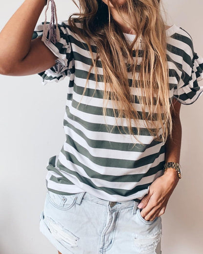 Stripe Ruffle Sleeve V-Neck Top