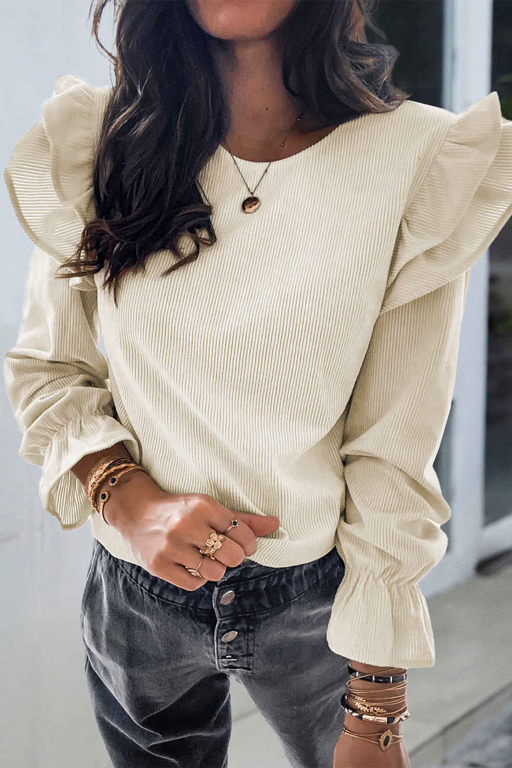 Corduroy Ruffle Flounce Sleeve Blouse