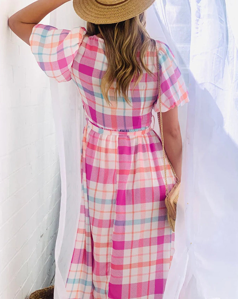 Checkered Puff Sleeve Midi Dress