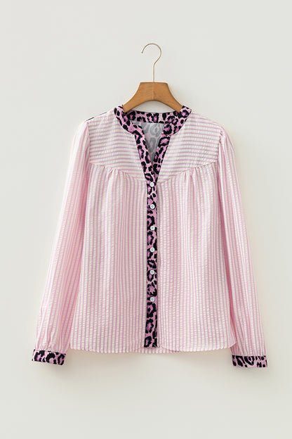 Stripe Leopard Patchwork Long Sleeve Shirt