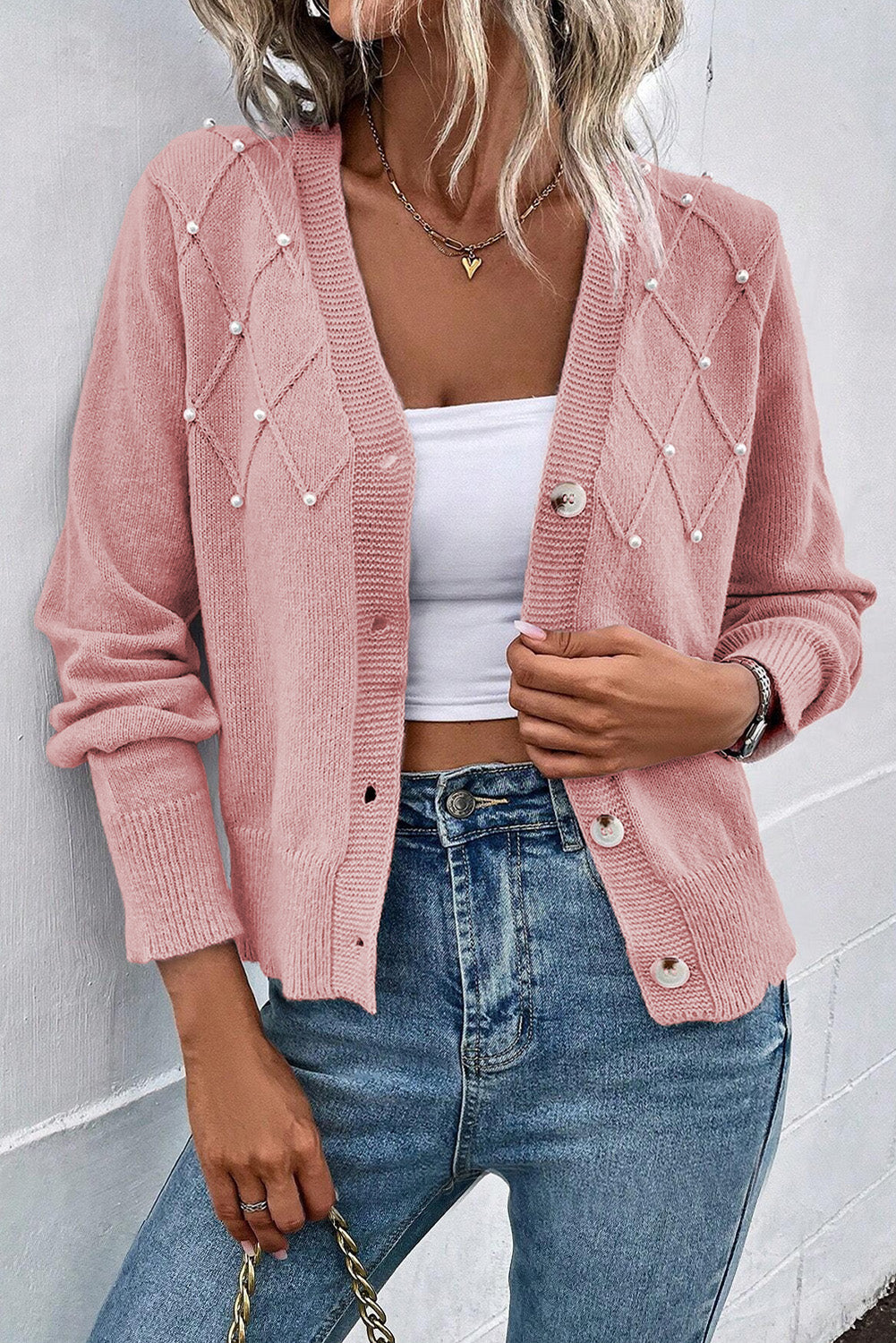 Pearl Beaded Textured Knit Cardigan