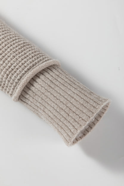 Waffle Knit Ribbed High Neck Drop Shoulder Sweater