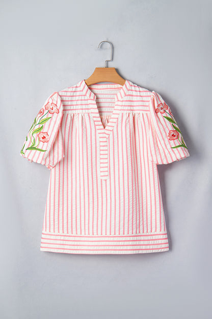 Floral Stripe Embroidered Puff Sleeve V-Neck Blouse