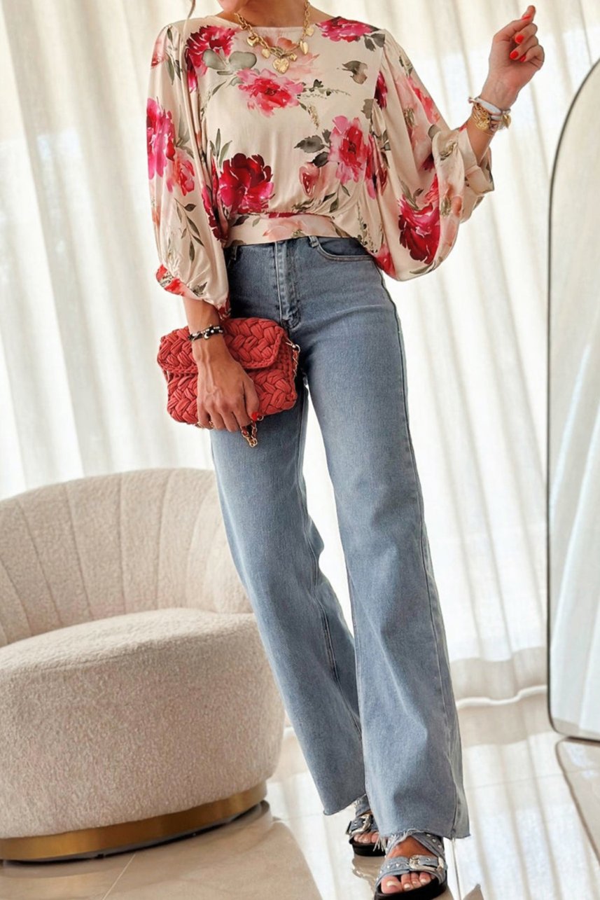 Floral 3/4 Sleeve Lace-up Blouse