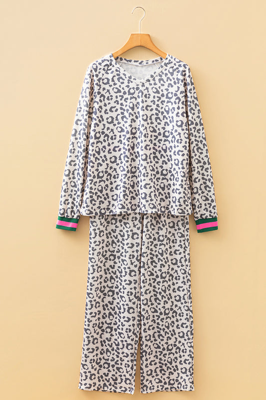 Leopard Long Sleeve V-Neck Top and Pant Set