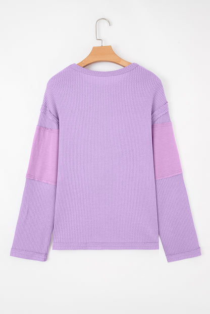 Colorblock Waffle Knit Patchwork Long Sleeve Top