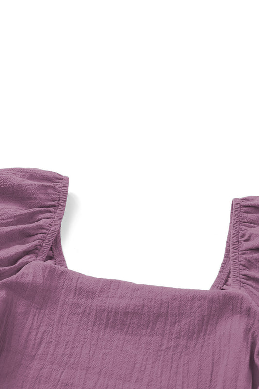 Solid Square Neck Ruched Puff Sleeve Romper