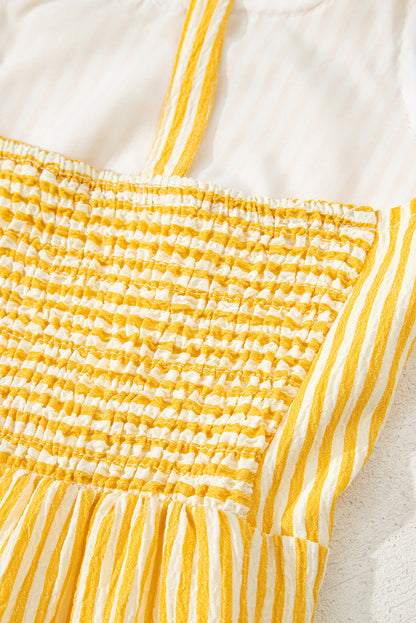 Stripe Tie Shoulder Smocked Wide Leg Romper