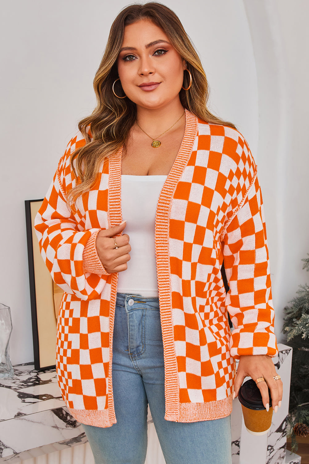 Plus Size Checker Drop Shoulder Open Front Cardigan