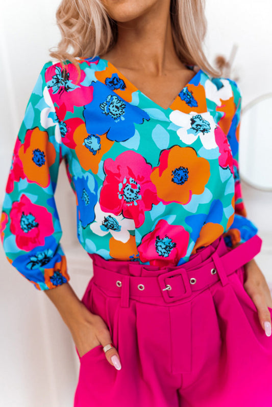 Floral V-Neck 3/4 Sleeve Blouse