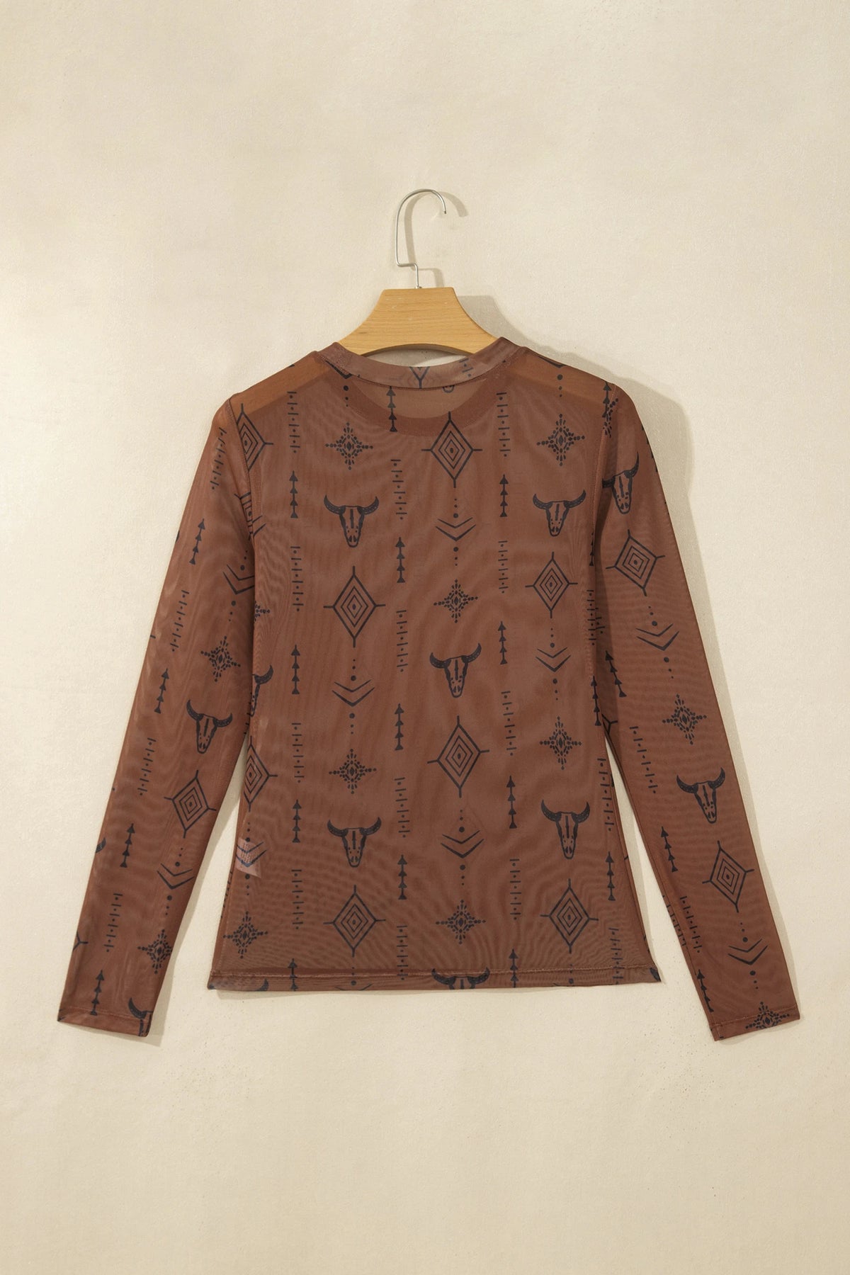 Western Semi Sheer Mesh Long Sleeve Top