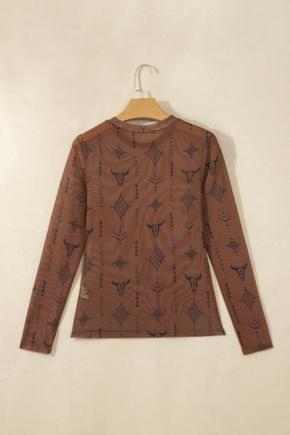 Western Semi Sheer Mesh Long Sleeve Top