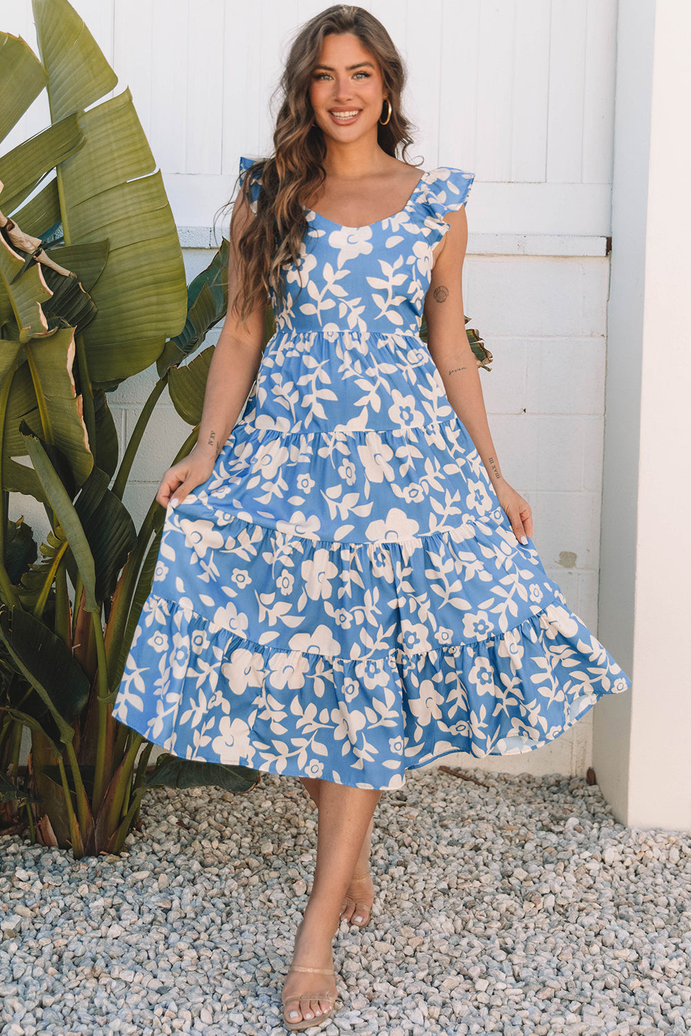 Floral Scoop Neck Tiered Flowy Midi Dress
