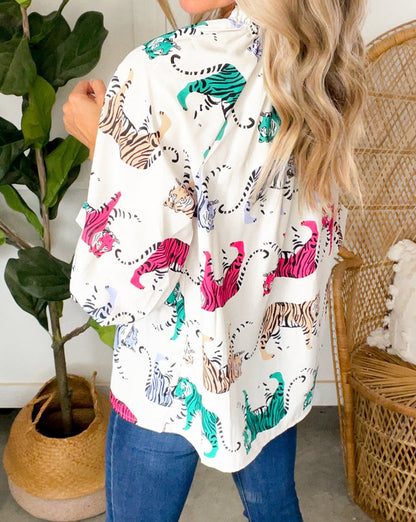 Tiger Ruffle Lantern Sleeve Blouse