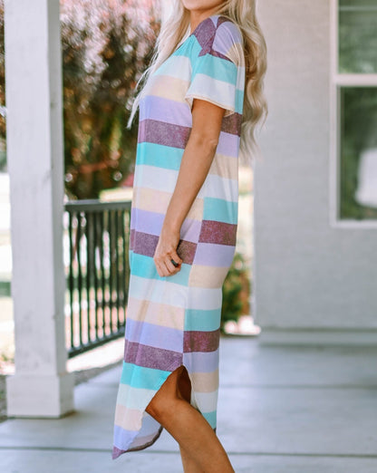 Stripe V-Neck T-Shirt Midi Dress