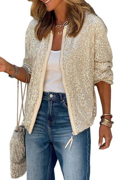 Sequin Round Neck Zipped Jacket