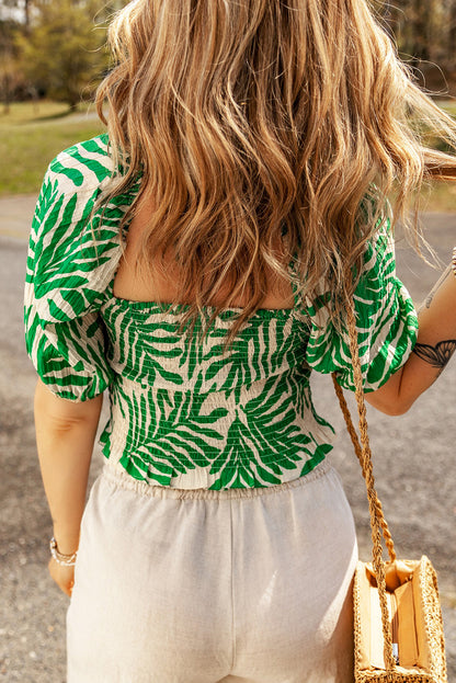 Tropical Smocked Puff Sleeve Crop Top