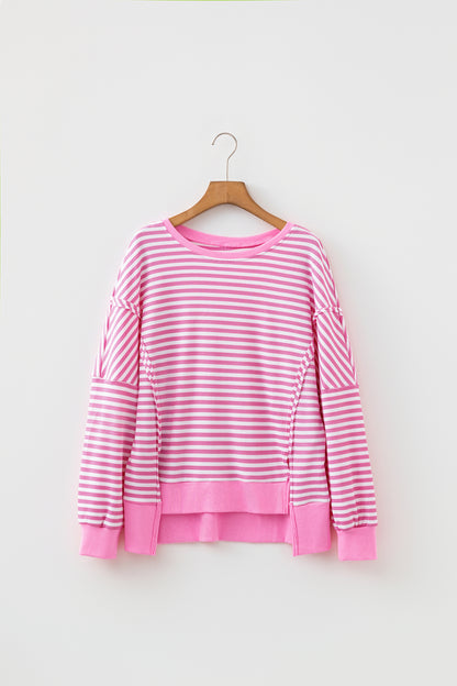 Stripe Textured Knit Exposed Seam Split Hem Sweater