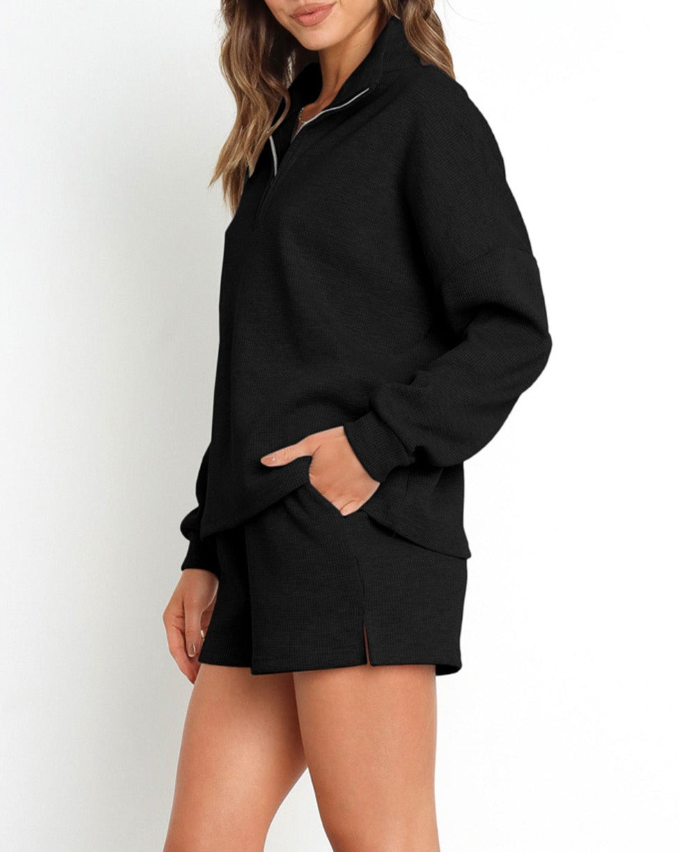 Waffle Zipped Sweatshirt and Shorts Set