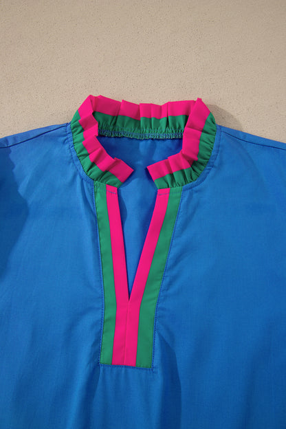 Stripe Frilled Collar Ruffle Short Sleeve Blouse
