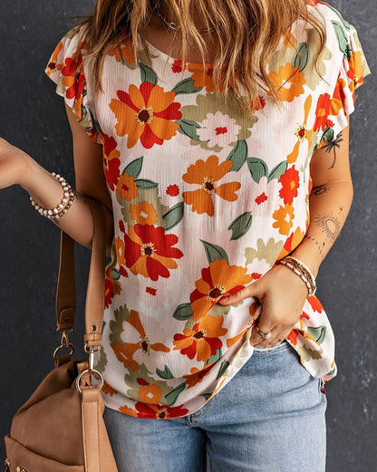 Floral Ruffle Flutter Sleeve Blouse