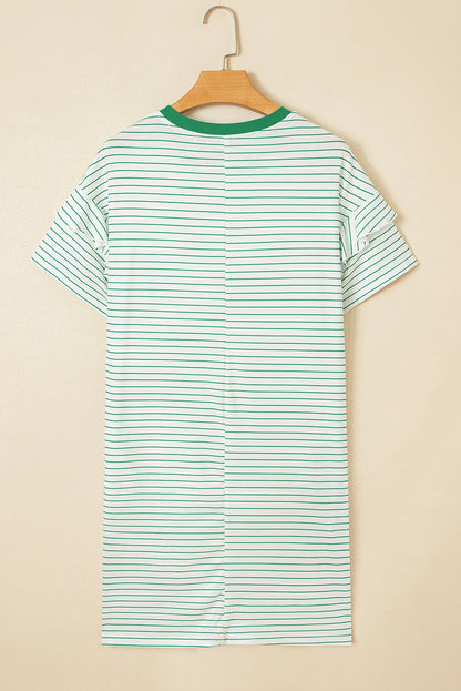 Stripe Ruffle Short Sleeve Crew Neck T-Shirt Mini Dress