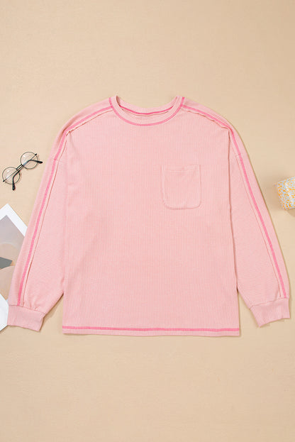 Plus Size Solid Ribbed Reverse Seam Chest Pocket Top