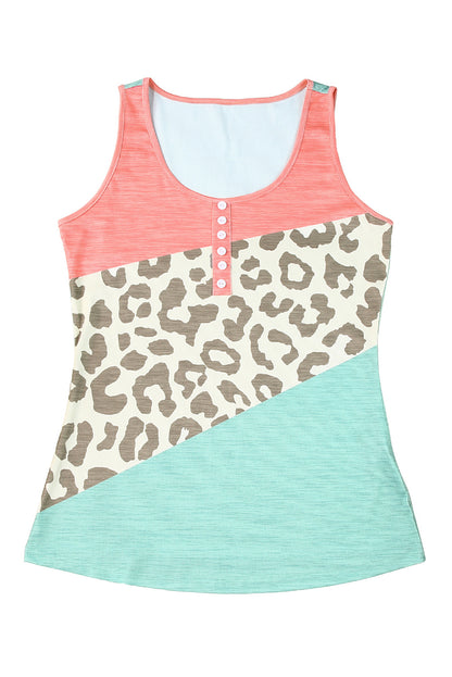 Leopard Colorblock Henley Tank Top