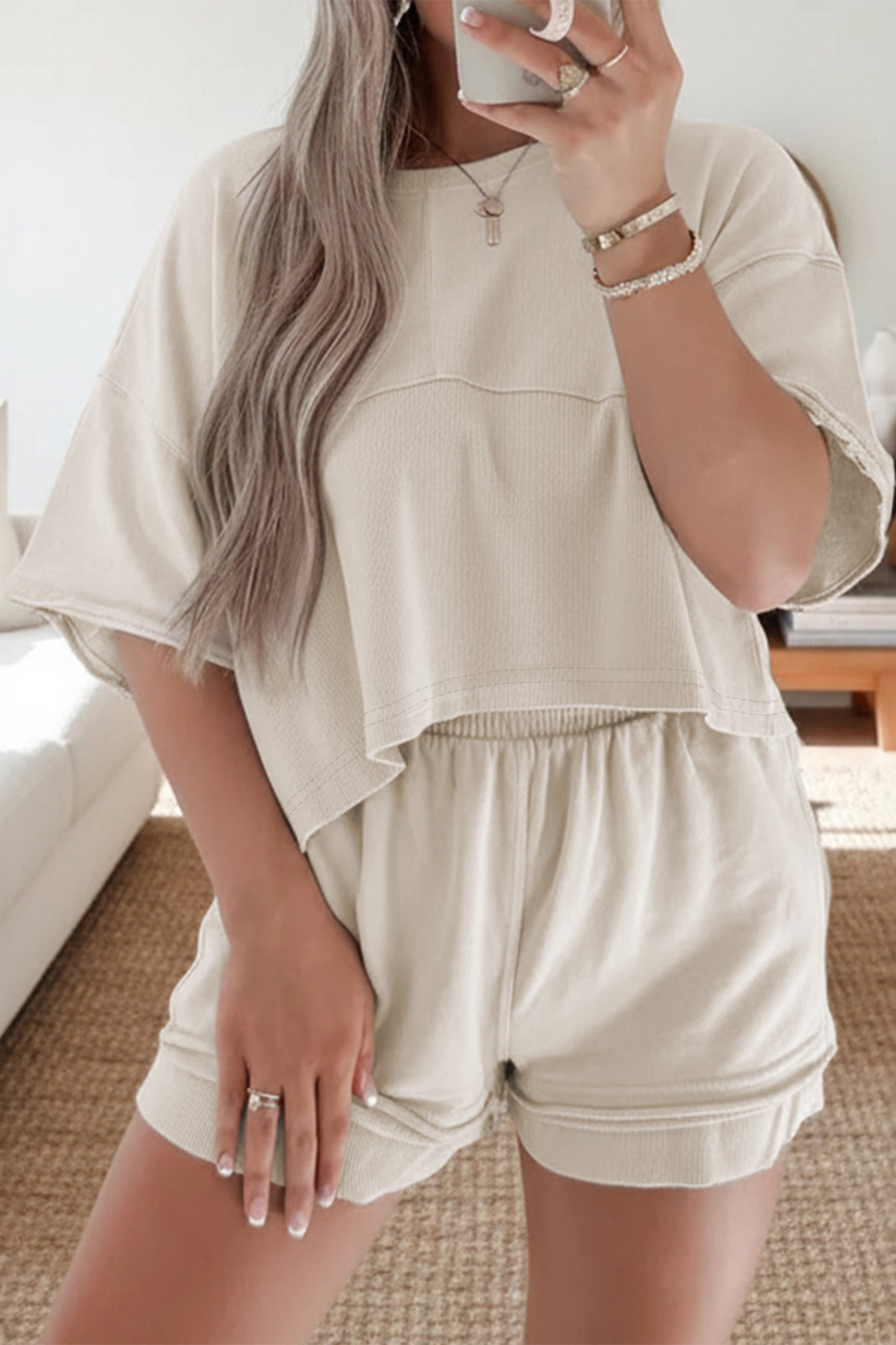 Solid Textured Raw Edge Top and Short Set