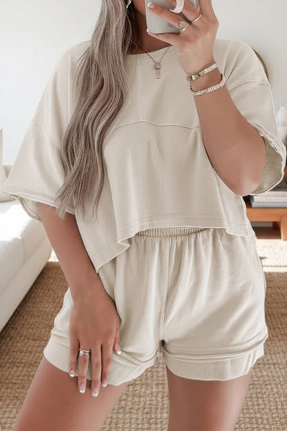 Solid Textured Raw Edge Top and Short Set