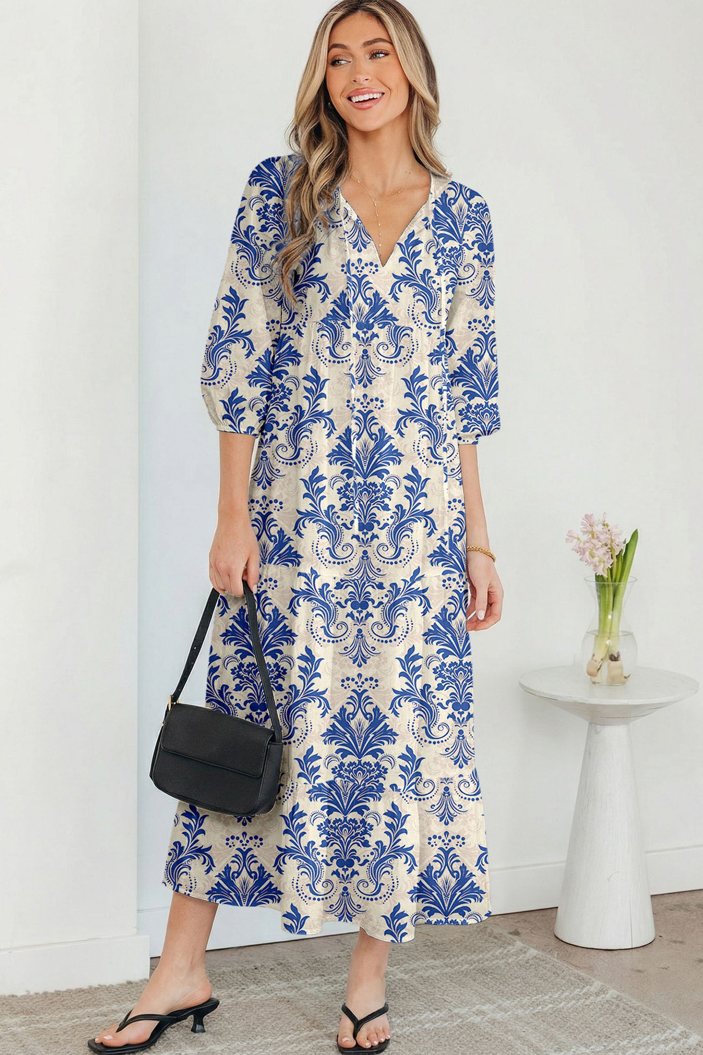 Boho Tied V-Neck 3/4 Sleeve Maxi Dress