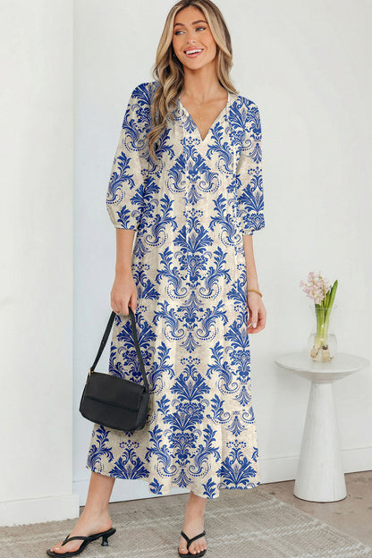 Boho Tied V-Neck 3/4 Sleeve Maxi Dress